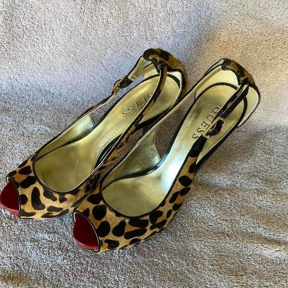 Guess Leopard Print Peep Toe Slingback Heels Size 8M Red Accent Stiletto Pumps - Picture 1 of 7